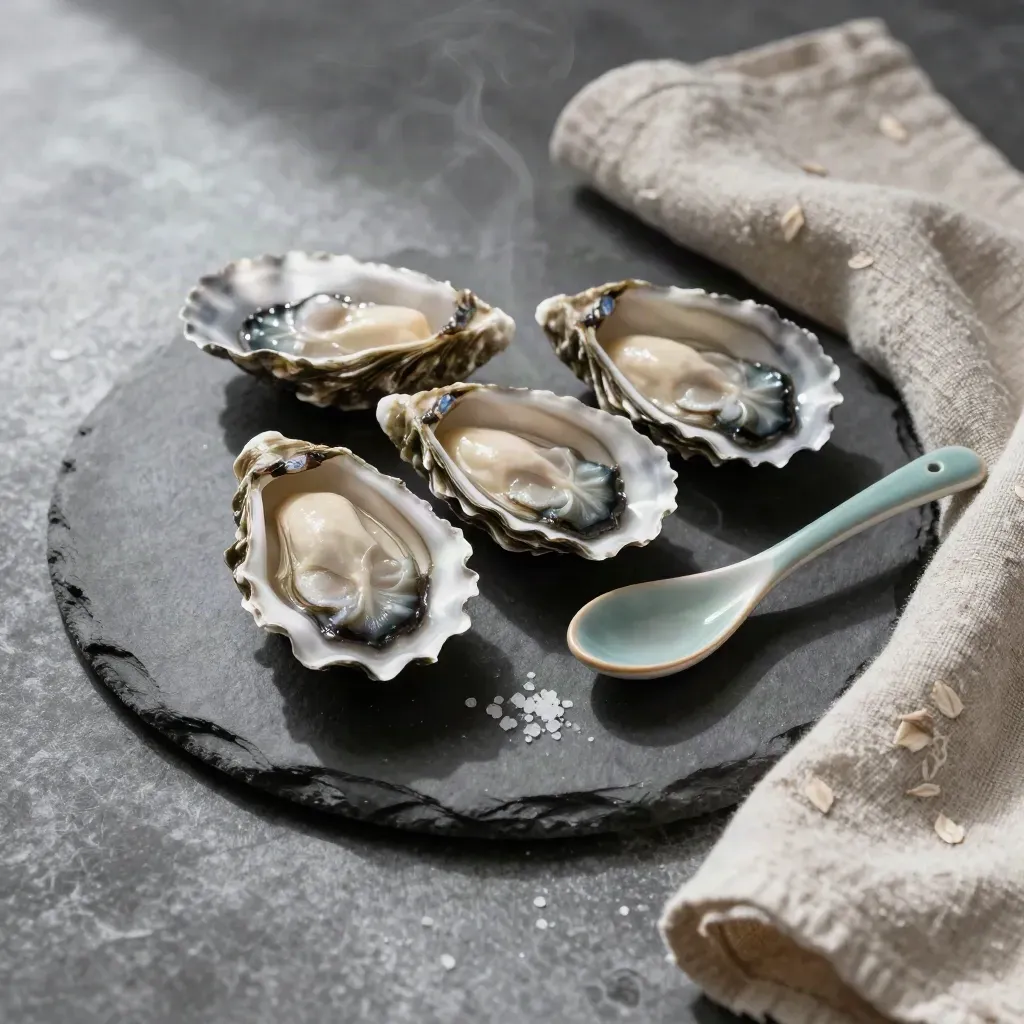 Slate tasting plate with oyster shells, teal spoon, and linen napkin in soft daylight.
