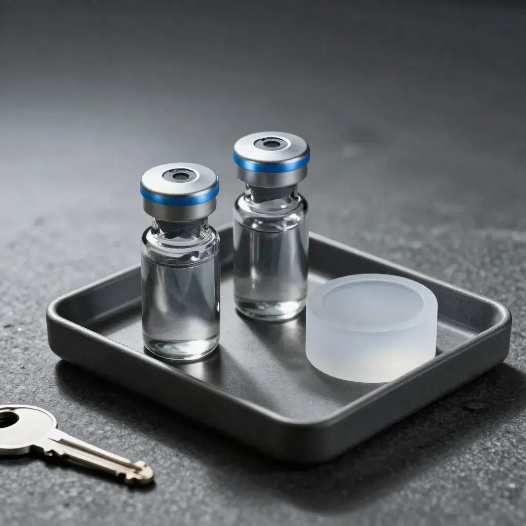 Two lab vials and a frosted glass puck in a matte tray on graphite stone.