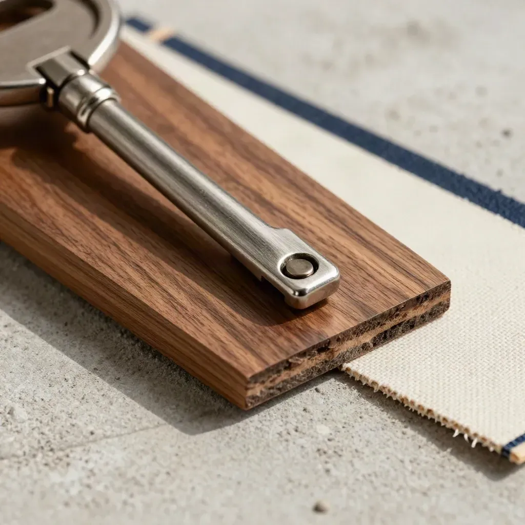Walnut veneer, brushed steel hinge, and raw canvas on pale concrete with raking light.
