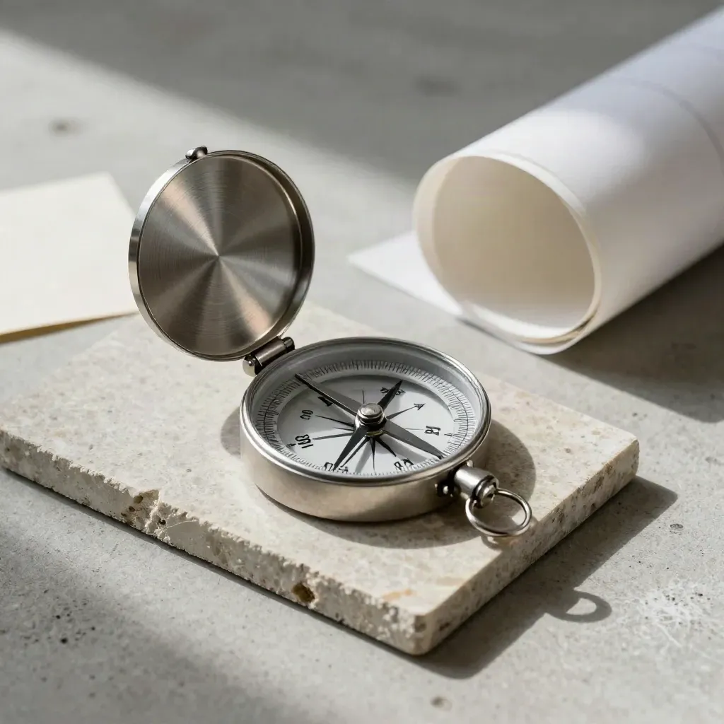 Architect’s compass, stone chip and tracing paper on concrete with soft light