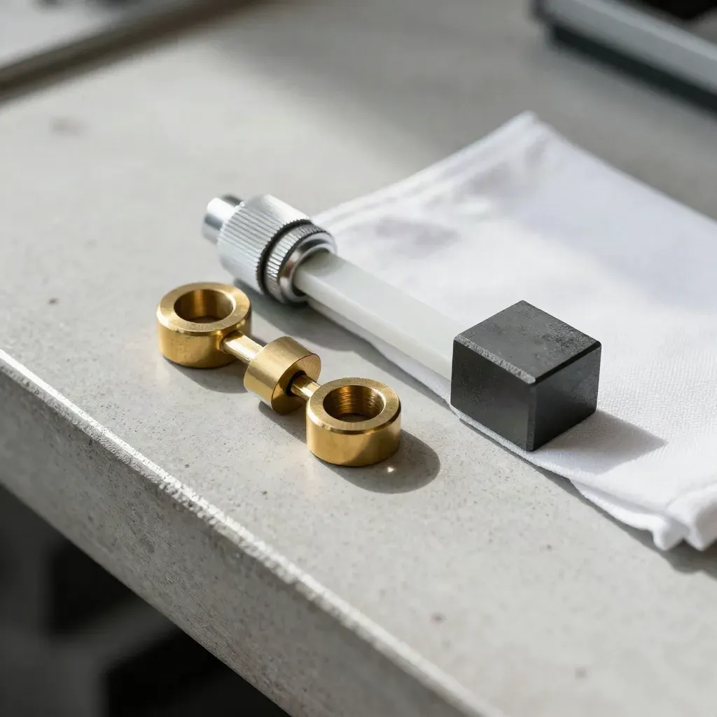 Brass spacers, a knurled aluminum knob, and graphite block on cool concrete, shot straight down.