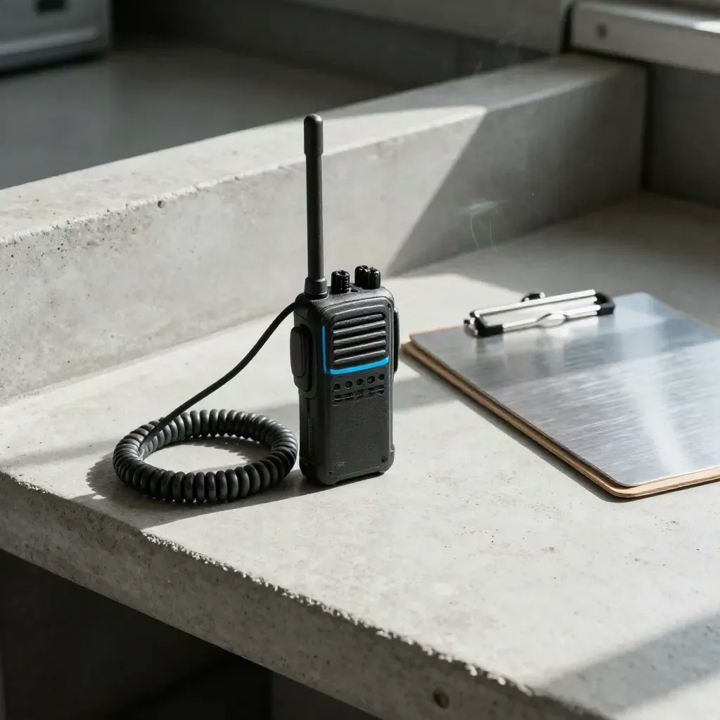 Handheld radio, coiled headset cable, and aluminum clipboard on concrete in dramatic side light.