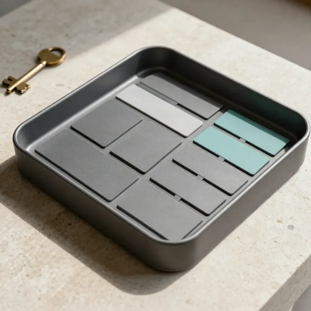 Overhead macro of a modular filing tray with brass clips and teal tabs on stone.