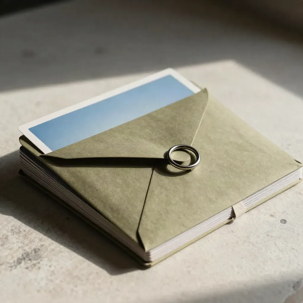 Half-open envelope of blank cards with a polished metal ring on stone