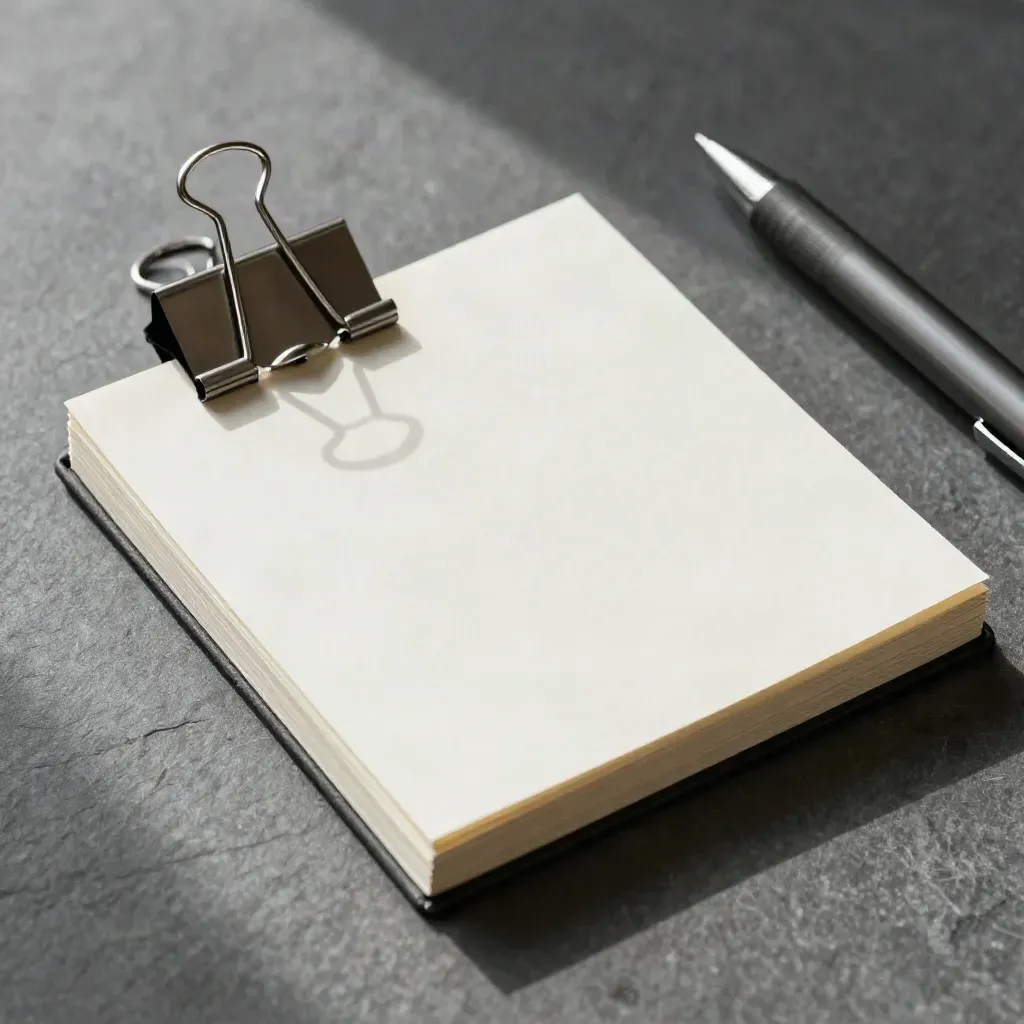 Blank memo pad, binder clip and graphite pen on slate, lit by soft side light.