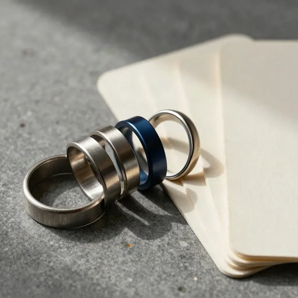 Brushed metal routing rings with three blank cards on graphite stone in a macro flat lay.