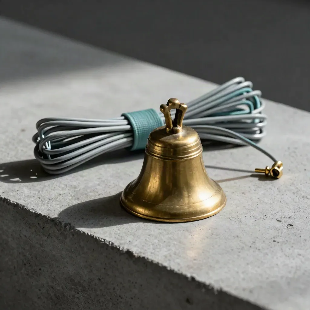 Brass bell, cable ties and cord loop on graphite concrete, caught mid-ring under hard side light.