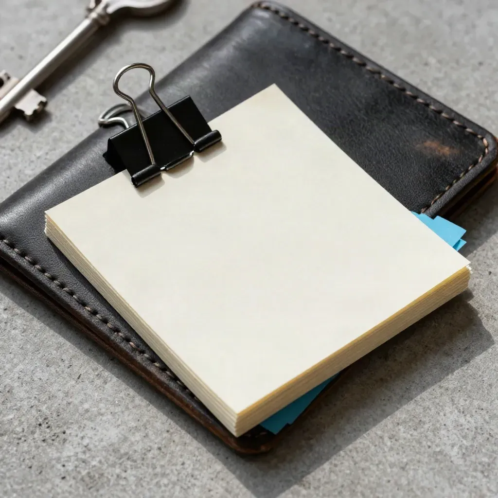 Overhead macro of blank note cards clipped in a leather sleeve on concrete, with a sky-blue tab