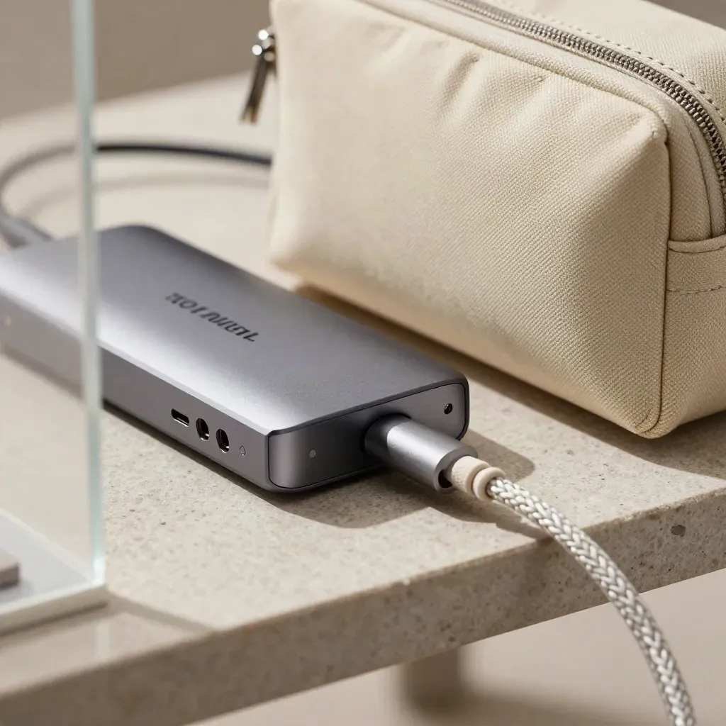 Macro of a docking hub, braided cable and tech pouch behind a frosted divider.
