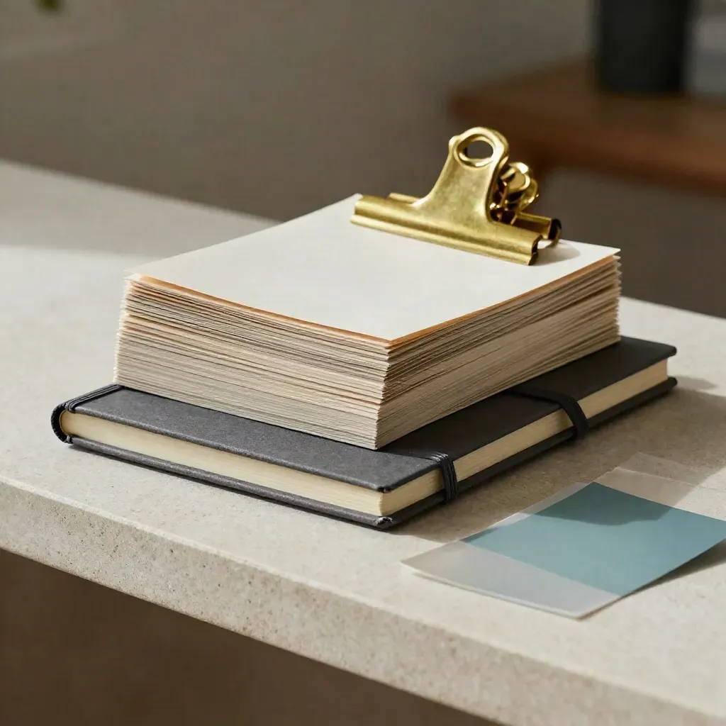 Paper sample boards, brass rail, and closed notebook seen through clear acetate in dramatic studio light