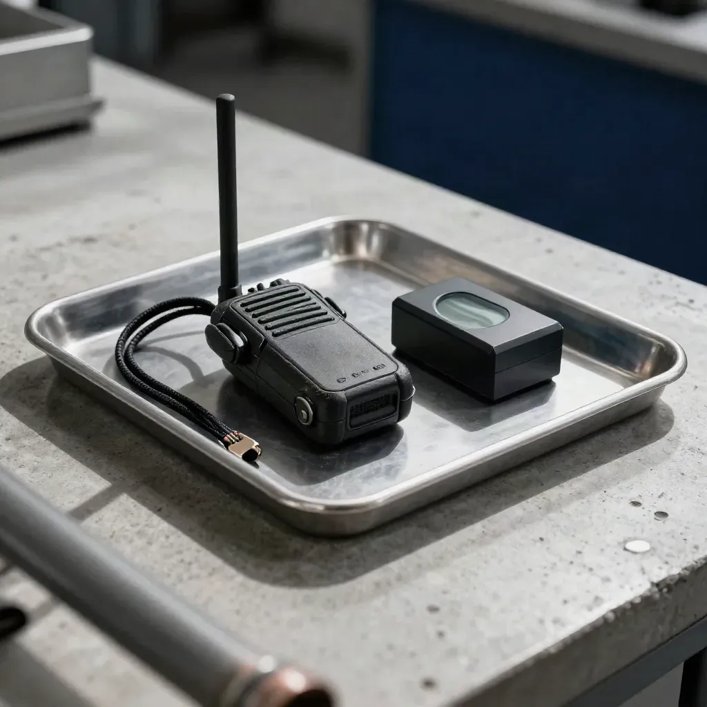 Handheld radio, timer block and lanyard on brushed metal tray seen past a blurred pipe.