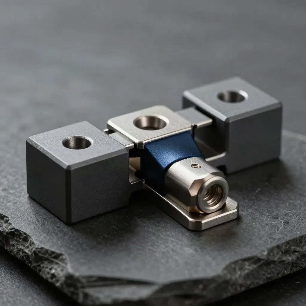 Graphite hinge blocks and a hex-pin connector aligned on dark stone with dramatic light
