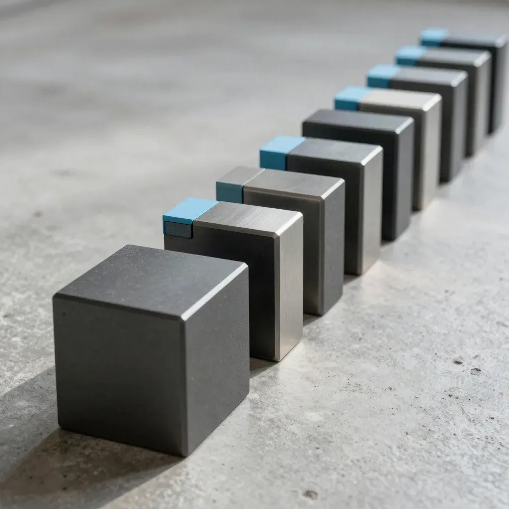 Graphite modules aligned on pale concrete, dusted and lit by raking daylight.