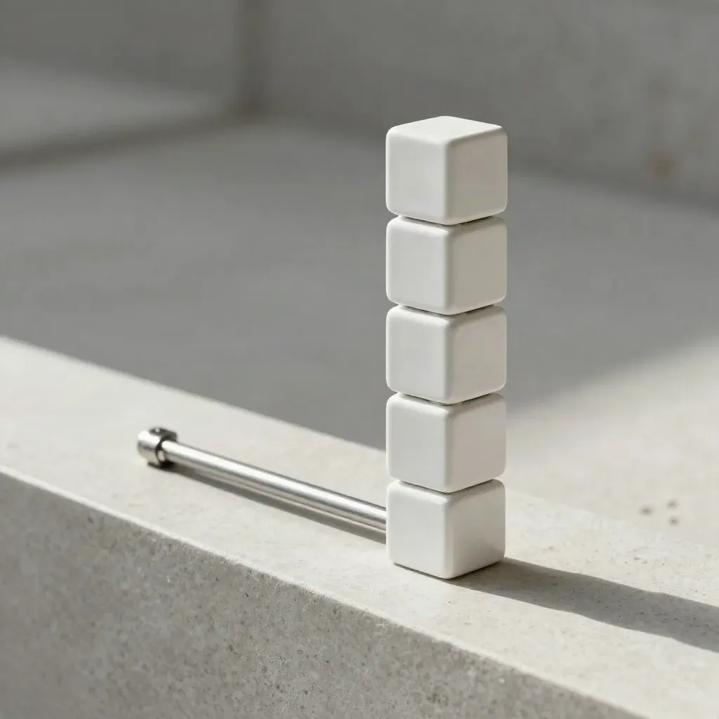 White ceramic module stack with magnetic clips and metal rail on a pale stone ledge