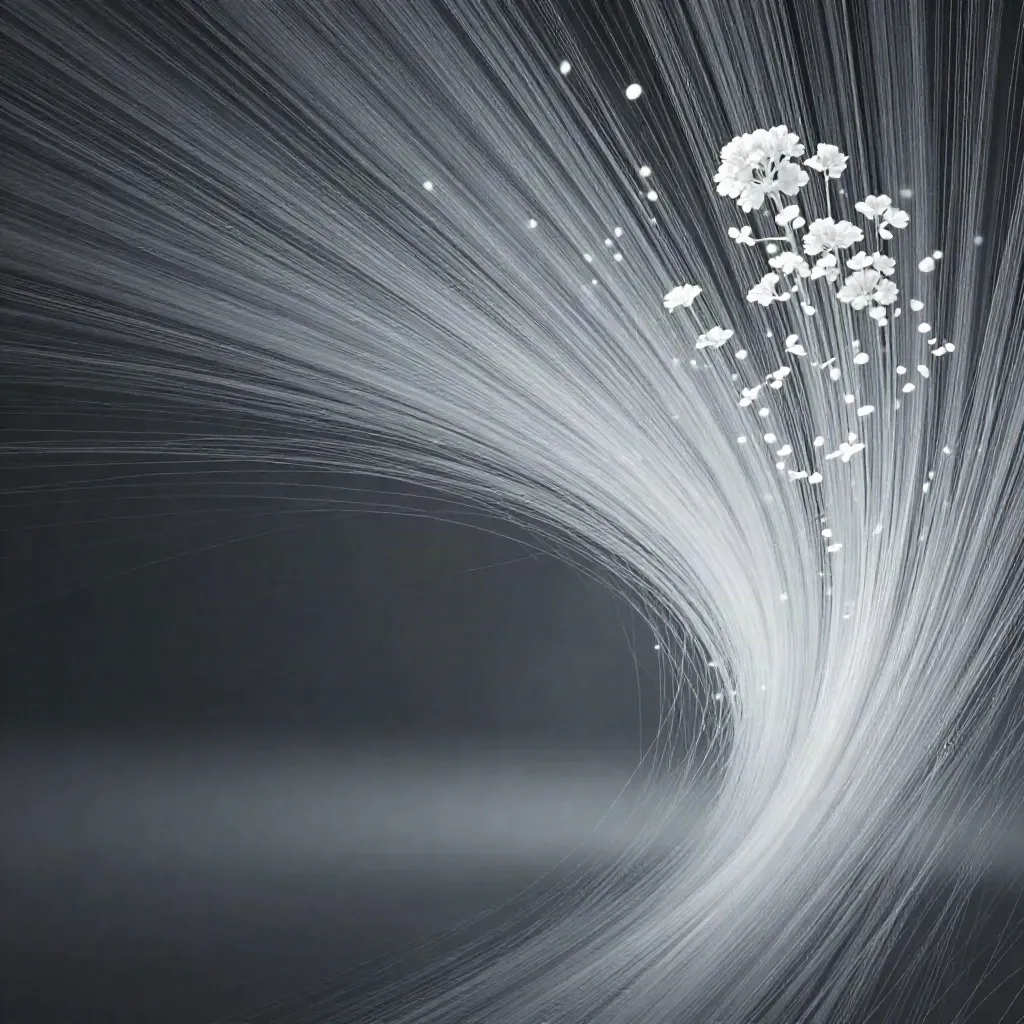 Silver filaments bloom in graphite haze with calm copy space at lower left.