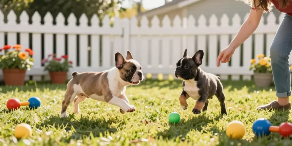 Playful Frenchton puppies enjoying a sunny backyard with toys and family interaction.
